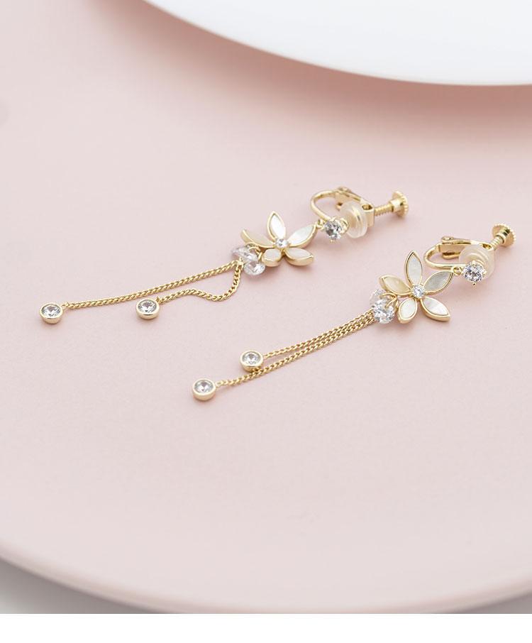 Gentle temperament, metal shell, flower, crystal tassel, ear stud, no ear hole, no pain - dianjiang-