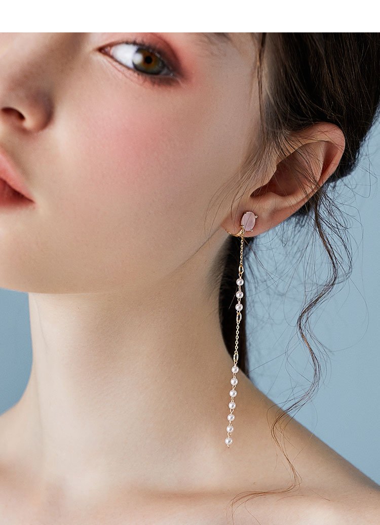 Gentle protein powder Long pink crystal pearl tassel earrings no ear hole female super fairy - dianjiang-