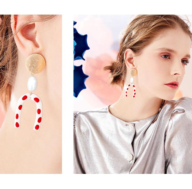 Modern retro harbor style! Hong Kong taste wave point U-shaped red glaze earrings earrings without ear holes - dianjiang-