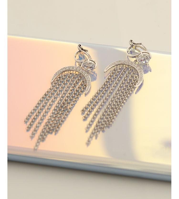 Light and extravagant temperament super fairy long silver moon with Tassel Earrings and Earrings without pain and earholes - dianjiang-