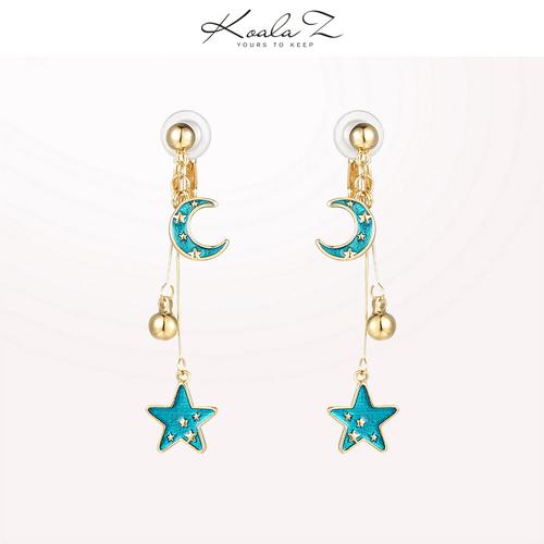 Japanese new products original design hand made blue glass texture glaze star moon earrings ear clip no ear hole girl - dianjiang-