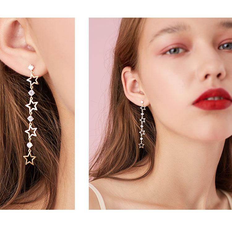 Fine point inlay welding process! Asymmetric love Star Long tassel earring with no ear hole and clip girl temperament - dianjiang-