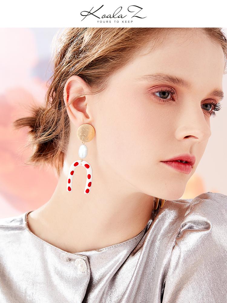 Modern retro harbor style! Hong Kong taste wave point U-shaped red glaze earrings earrings without ear holes - dianjiang-