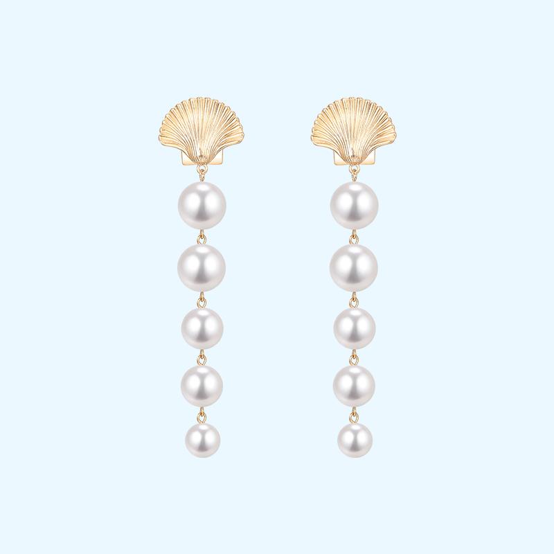 The design of Europe and the United States exaggerated cold wind temperament long mermaid tears metal shell imitation pearl earrings ear clip - dianjiang-
