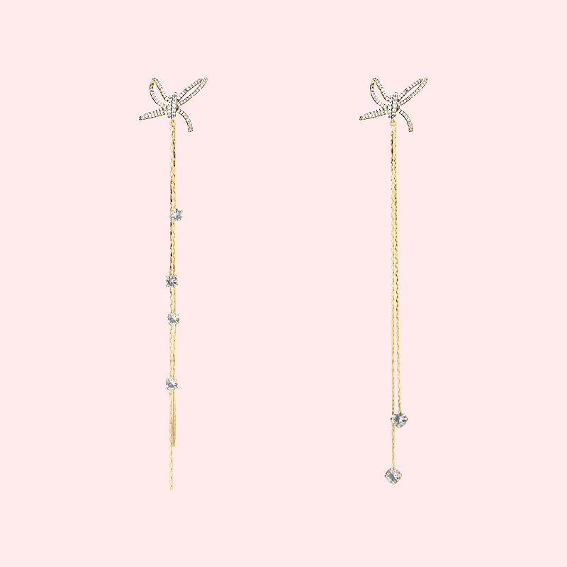 Super immortal heavy industry shows thin, long, cold and cool temperament, super long bow tie, tassel, earring, ear clip, female round face without ear hole - dianjiang-