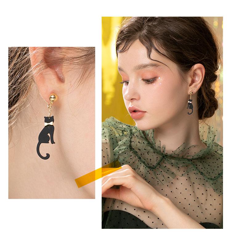 Personalized design sense Japanese order mysterious black cat elves earrings earrings without earholes earclip cute girl - dianjiang-