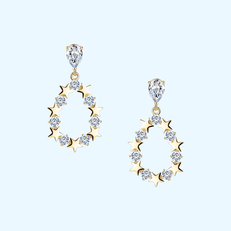 Japanese new exquisite high-level sense hollow water drop crystal star diamond earrings earrings clip female non earhole - dianjiang-