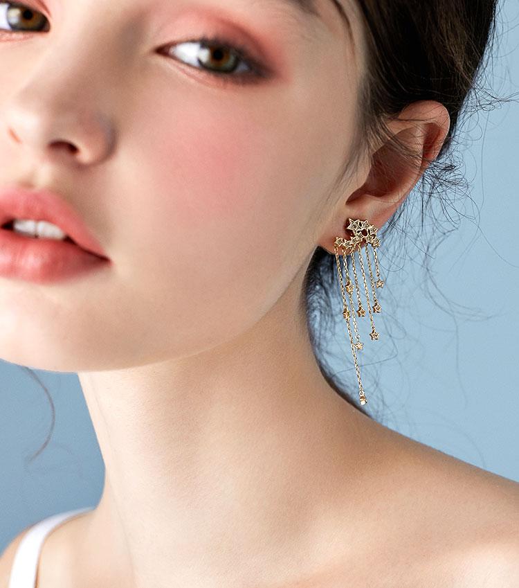 Advanced textured star meteor star waterfall long stream Sudo drop earring earrings no ear hole female super fairy - dianjiang-