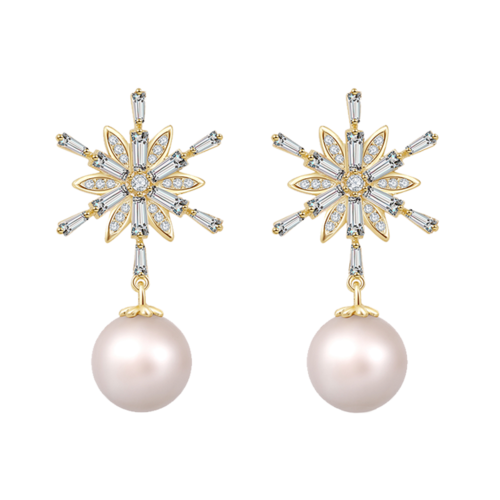 High sense of cold wind flash diamond boutique snowflake imitation pearl earrings earrings no ear hole female super fairy painless Japan - dianjiang-