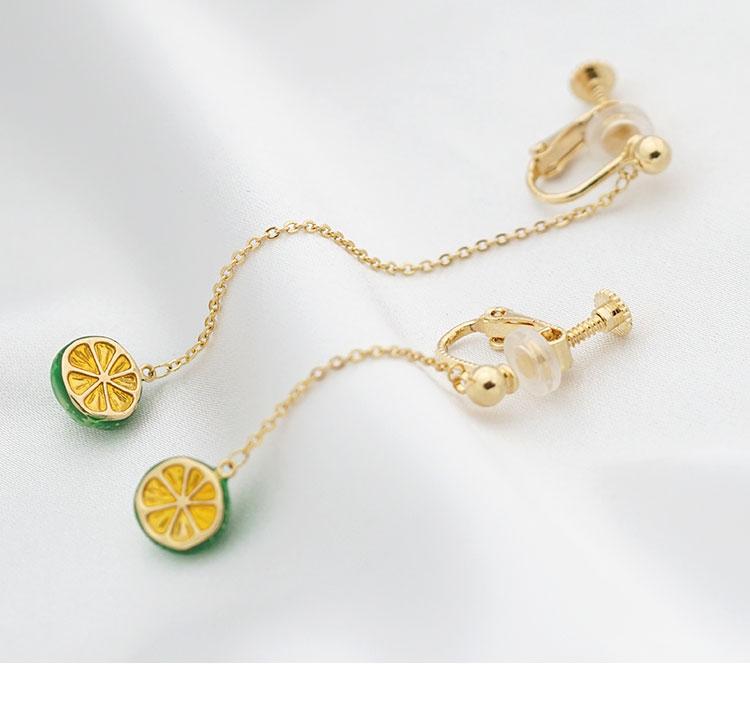 Hand glazed small fresh lemon long asymmetric earrings earrings ear clip without ear hole female lovely Korean - dianjiang-