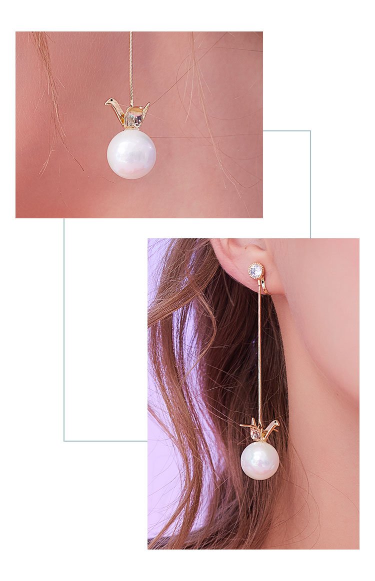 Long lady temperament thousand paper crane pearl pendant long tassel earrings no ear hole ear clip female painless daily - dianjiang-