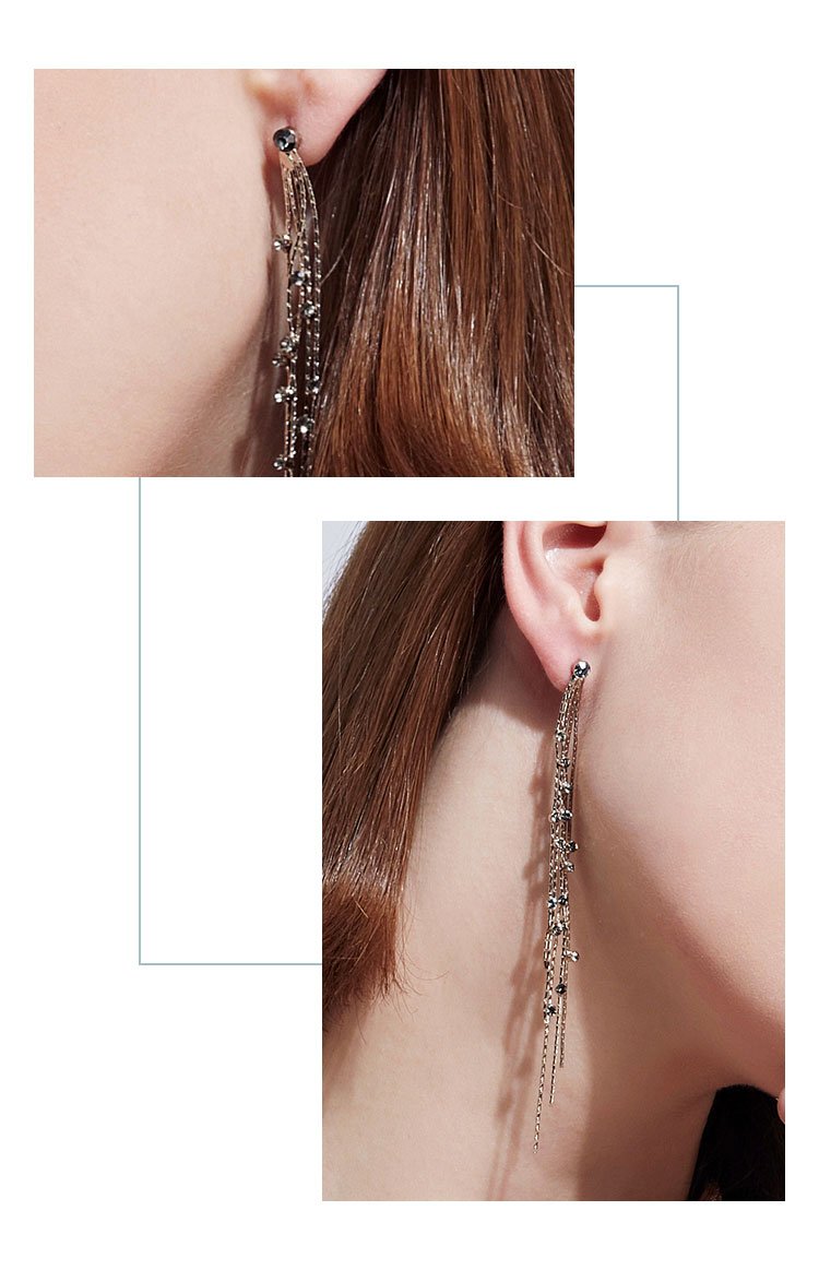 High-grade grey wire mesh red long tassel grey diamond earrings female ear clip without ear hole personality Joker Korea - dianjiang-