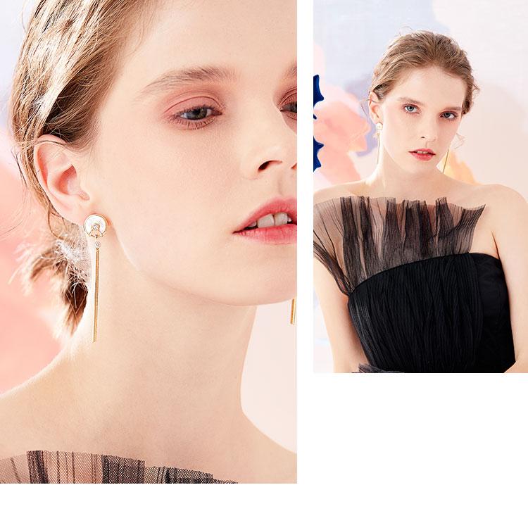 Temperament talisman Exquisite mirror shell zircon long snake bone tassel earrings no ear hole ear clip girl - dianjiang-