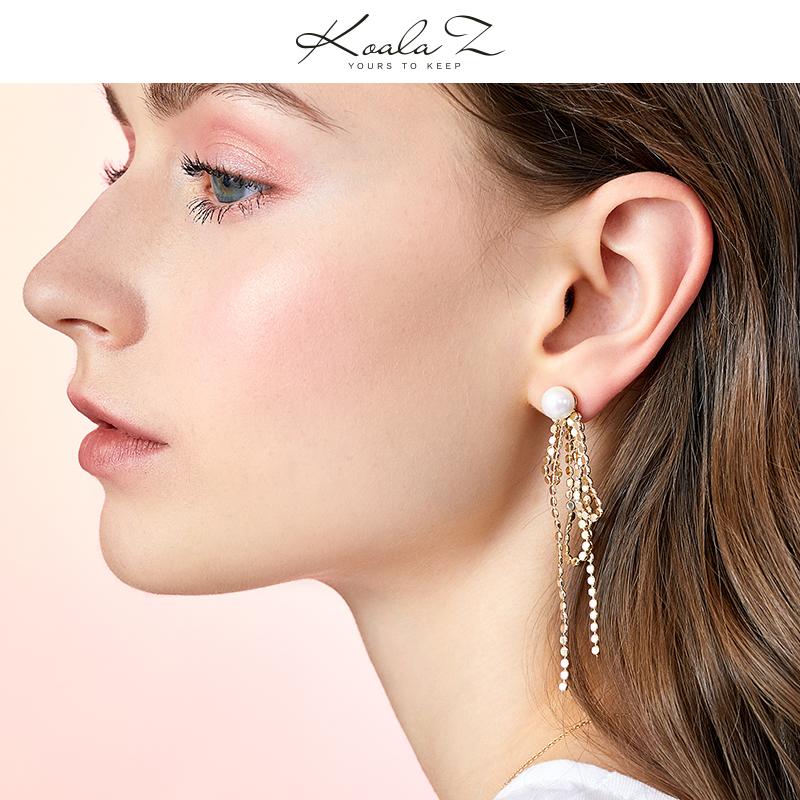 Design sense: round face, thin metal fringe, bow knot, pearl like long earring, ear clip, no ear hole, female Japan - dianjiang-