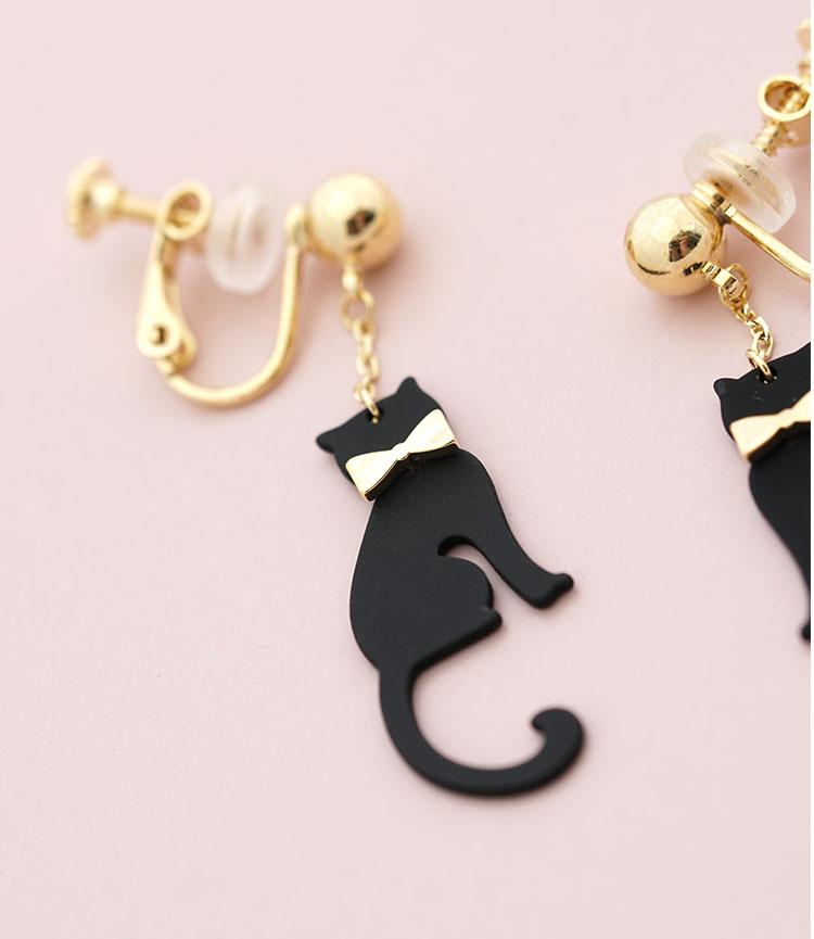 Personalized design sense Japanese order mysterious black cat elves earrings earrings without earholes earclip cute girl - dianjiang-