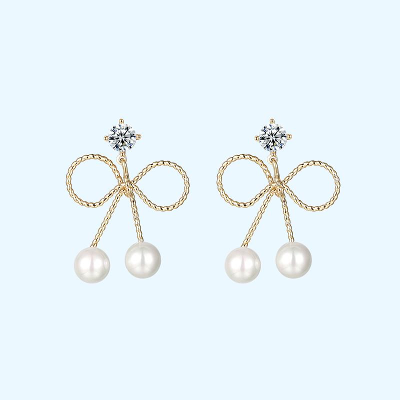 Cute metal bow, zircon, small pearl, delicate earnail, no ear hole, no pain, ear clip, women's daily versatility - dianjiang-