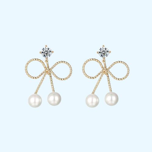 Cute metal bow, zircon, small pearl, delicate earnail, no ear hole, no pain, ear clip, women's daily versatility - dianjiang-