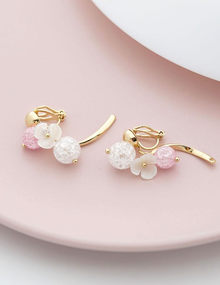 High grade natural shell, pink crystal, popping flower, curved earring, no earhole, no pain, ear clip, female Japan - dianjiang-