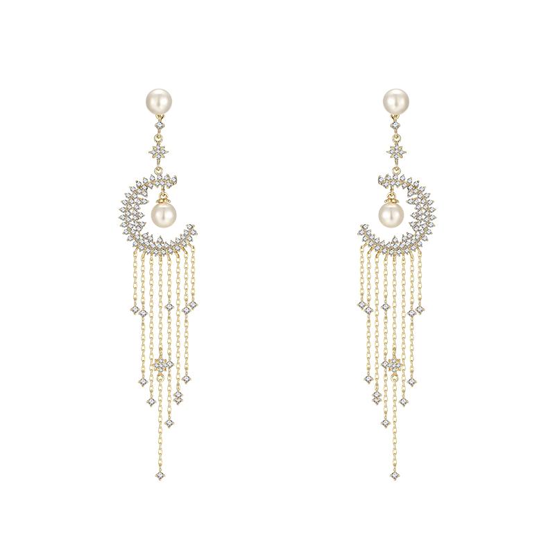 Heavy hand-made Mori Super Fairy Long Tassel Crystal Moon Pearl Earrings Earrings No Ear Holes Earrings Temperament Women - dianjiang-