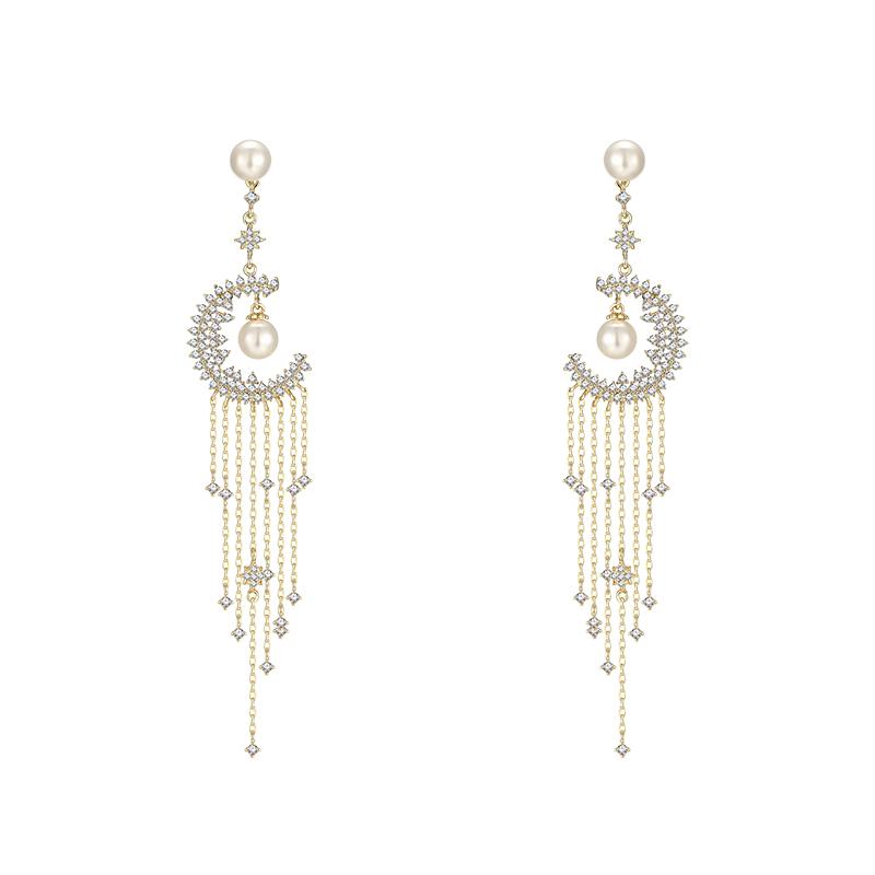 Heavy hand-made Mori Super Fairy Long Tassel Crystal Moon Pearl Earrings Earrings No Ear Holes Earrings Temperament Women - dianjiang-