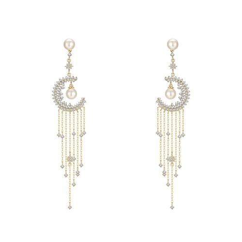 Heavy hand-made Mori Super Fairy Long Tassel Crystal Moon Pearl Earrings Earrings No Ear Holes Earrings Temperament Women - dianjiang-