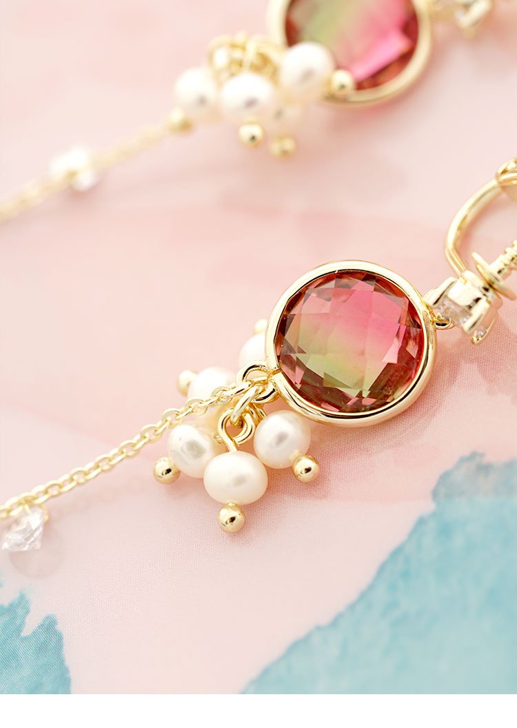 Long artificial tourmaline, natural pearl, tassel, earring, no pain, no hole, adjustable ear clip - dianjiang-