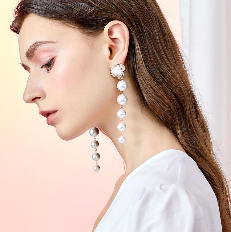 The design of Europe and the United States exaggerated cold wind temperament long mermaid tears metal shell imitation pearl earrings ear clip - dianjiang-