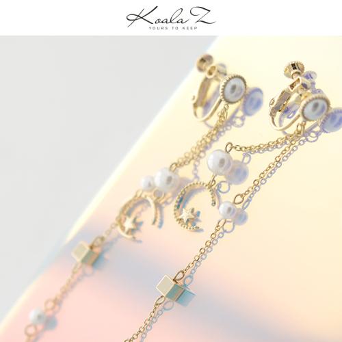 长款冷淡风 圆脸显瘦五角星星月亮珍珠金属流苏耳环无耳洞耳夹女 - dianjiang-