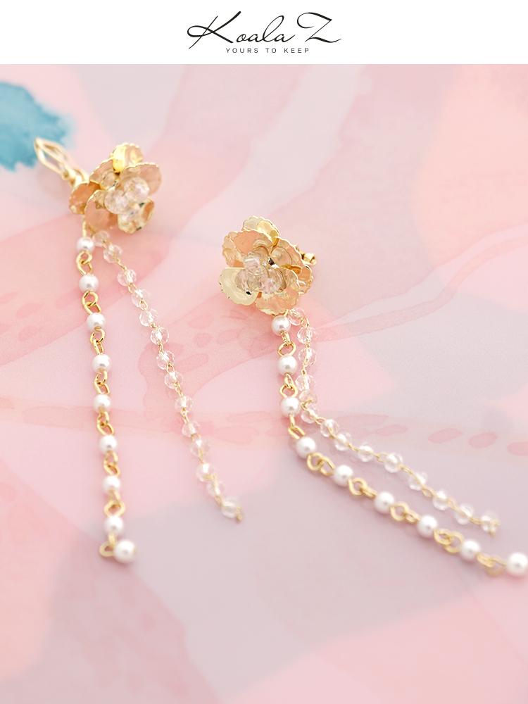 Long metal flower crystal tassel temperament Earrings without earholes and earclips for women without pain - dianjiang-