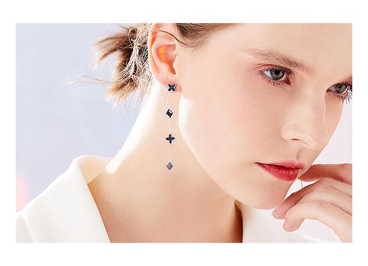 Long cold-tie asymmetrical design four-leaf diamond-shaped tassel earrings painless ear-free ear-to-ear clip woman - dianjiang-