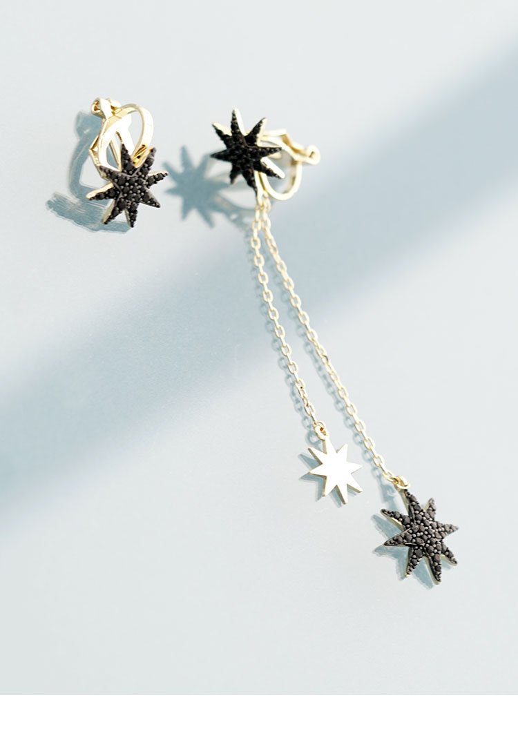 Cold department asymmetric design black star zircon tassel earring earring painless earring clip daily - dianjiang-