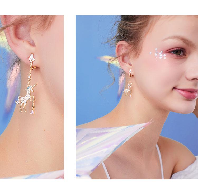 Cute dreamy pink girl heart asymmetric metal full diamond unicorn ear-hook earrings without ear-hole earrings - dianjiang-