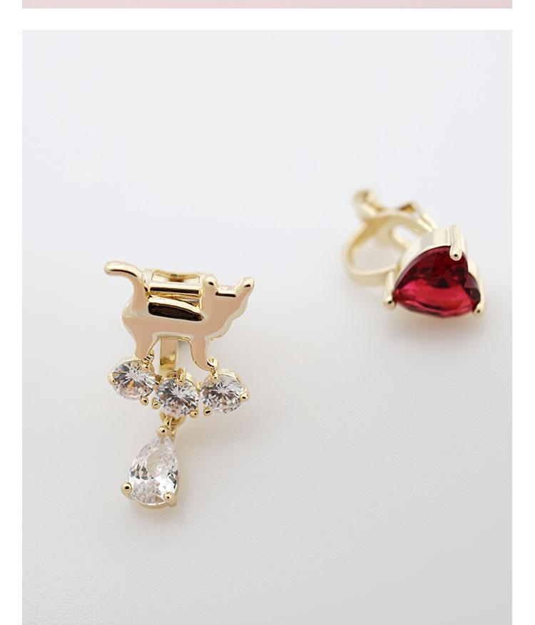 Japanese small fresh asymmetry chic red diamond love cat ear nail earrings no ear hole female - dianjiang-