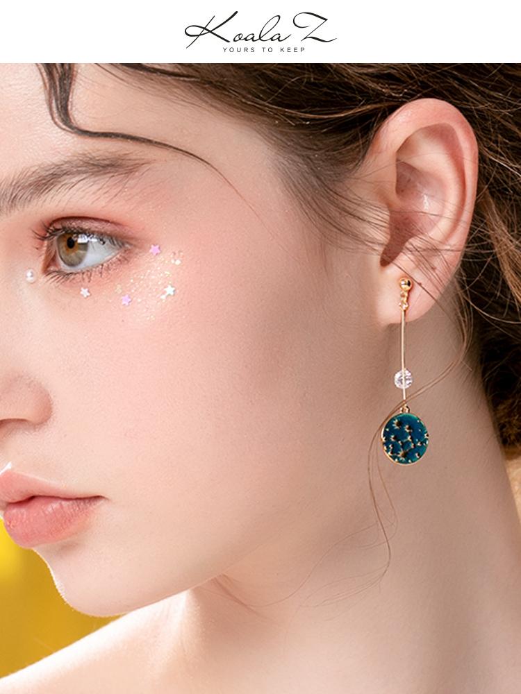 Japanese hand new Van Gogh starry blue drop glazed disc star star earrings earrings ear nail female earless hole - dianjiang-