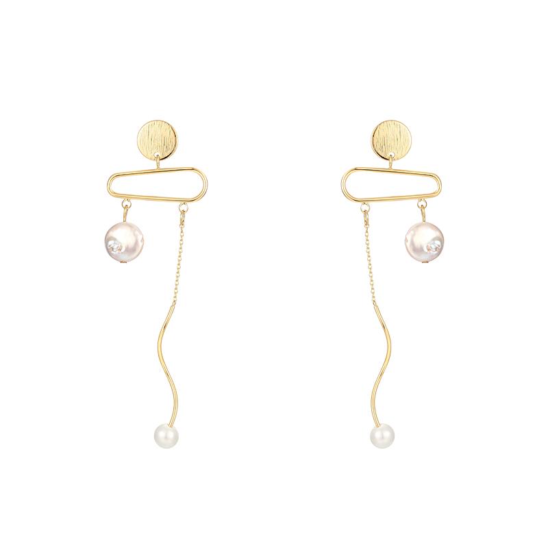 Original design cold wind personality natural baroque pearl metal Tassel Earrings Earrings without earholes - dianjiang-