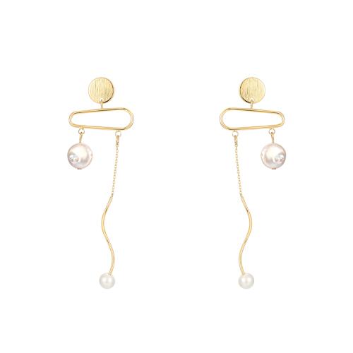 Original design cold wind personality natural baroque pearl metal Tassel Earrings Earrings without earholes - dianjiang-
