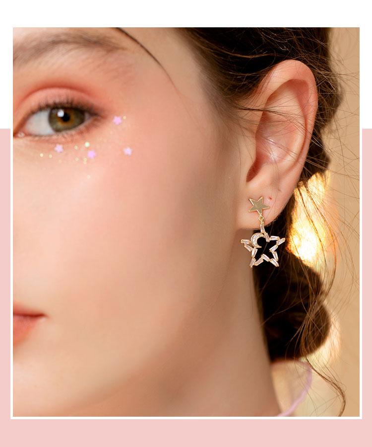 Japanese temperament little fairy five-pointed star moon crystal star moon earring earring without earhole painless earring everyday Joker - dianjiang-