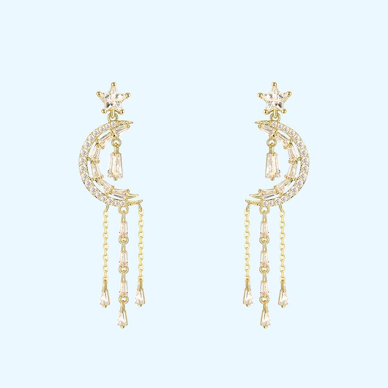 Fresh temperament crystal star moon Tassel Earrings Earrings earstuds painless earhole earclip female - dianjiang-