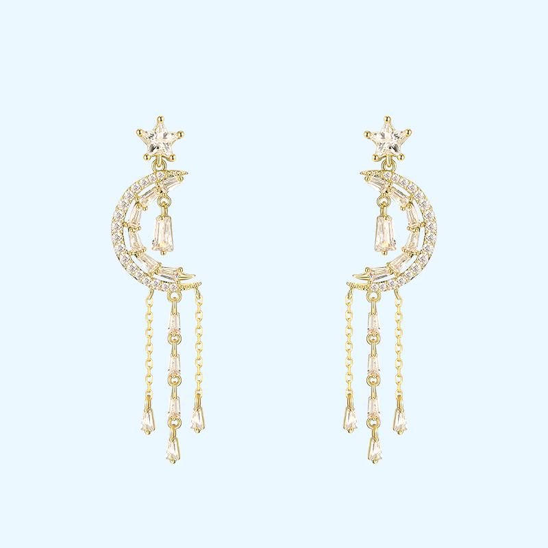 Fresh temperament crystal star moon Tassel Earrings Earrings earstuds painless earhole earclip female - dianjiang-