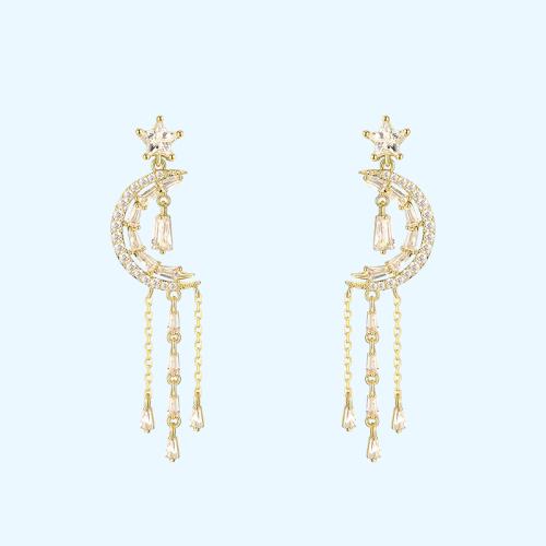 Fresh temperament crystal star moon Tassel Earrings Earrings earstuds painless earhole earclip female - dianjiang-