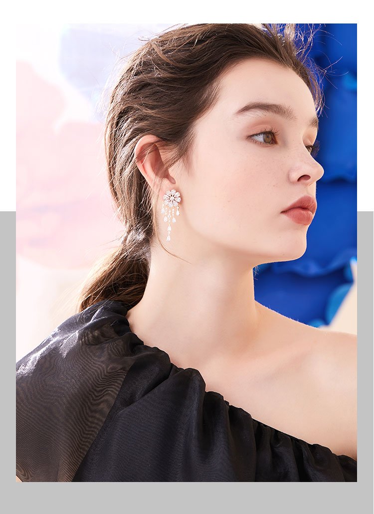 Heavy Industry Hand for 5A Zirconium Smart waterfall flower crystal tassel earrings painless earless clip girl - dianjiang-