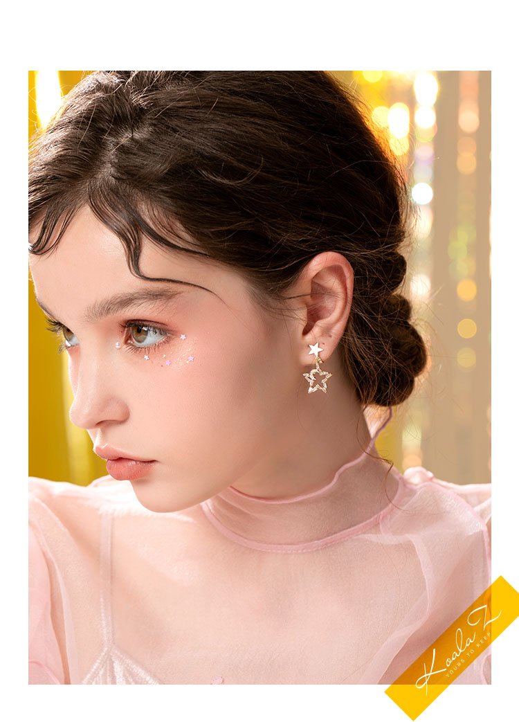 Japanese temperament little fairy five-pointed star moon crystal star moon earring earring without earhole painless earring everyday Joker - dianjiang-