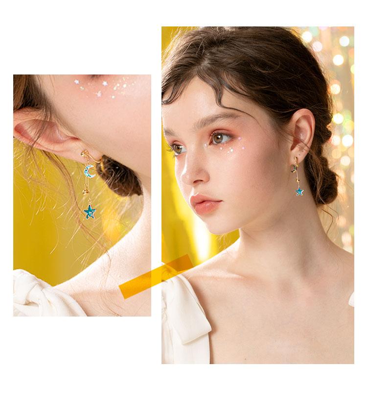 Japanese new products original design hand made blue glass texture glaze star moon earrings ear clip no ear hole girl - dianjiang-