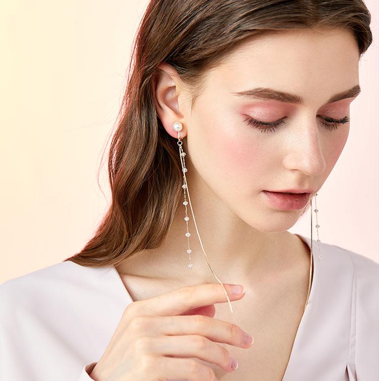 Super-long super-fairy cold light wind fairy round face thin crystal snake bone chain tassel earrings ear clip no ear hole girl - dianjiang-