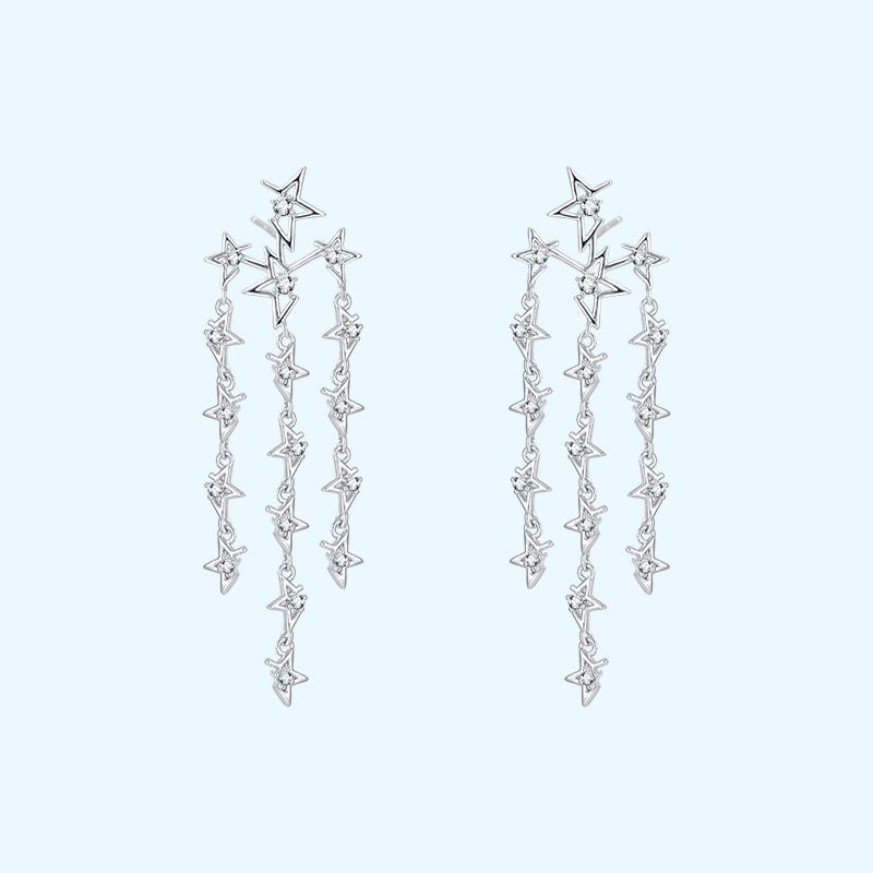 Medium-length round face thin silver stitching missing angle pentagon star flow su ear nail no ear hole ear clip female painless - dianjiang-