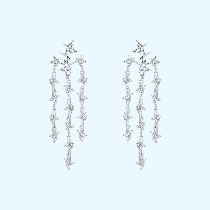 Medium-length round face thin silver stitching missing angle pentagon star flow su ear nail no ear hole ear clip female painless - dianjiang-