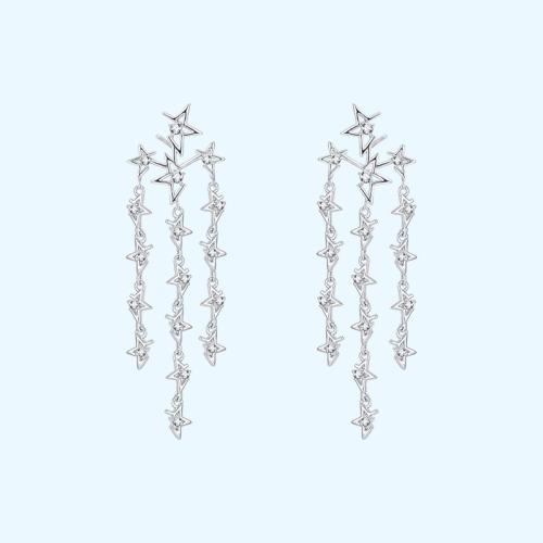 Medium-length round face thin silver stitching missing angle pentagon star flow su ear nail no ear hole ear clip female painless - dianjiang-