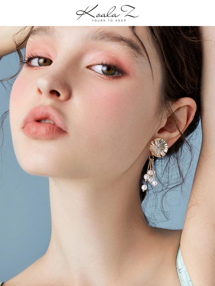 Fresh and gentle daisy flowers, sun flowers, pearl earrings, no ear holes, no pain for women - dianjiang-