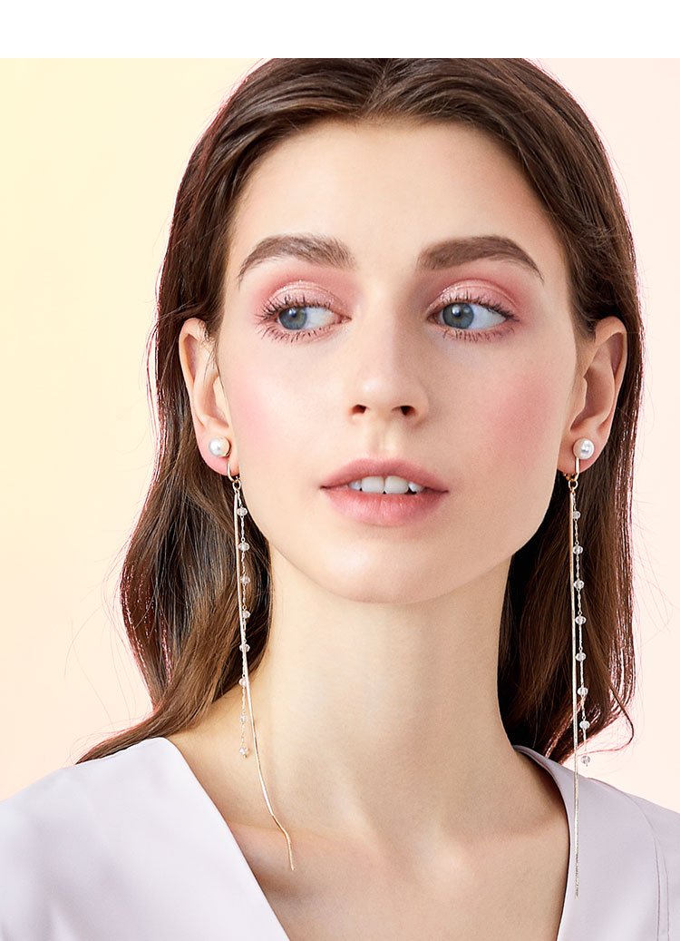 Super-long super-fairy cold light wind fairy round face thin crystal snake bone chain tassel earrings ear clip no ear hole girl - dianjiang-