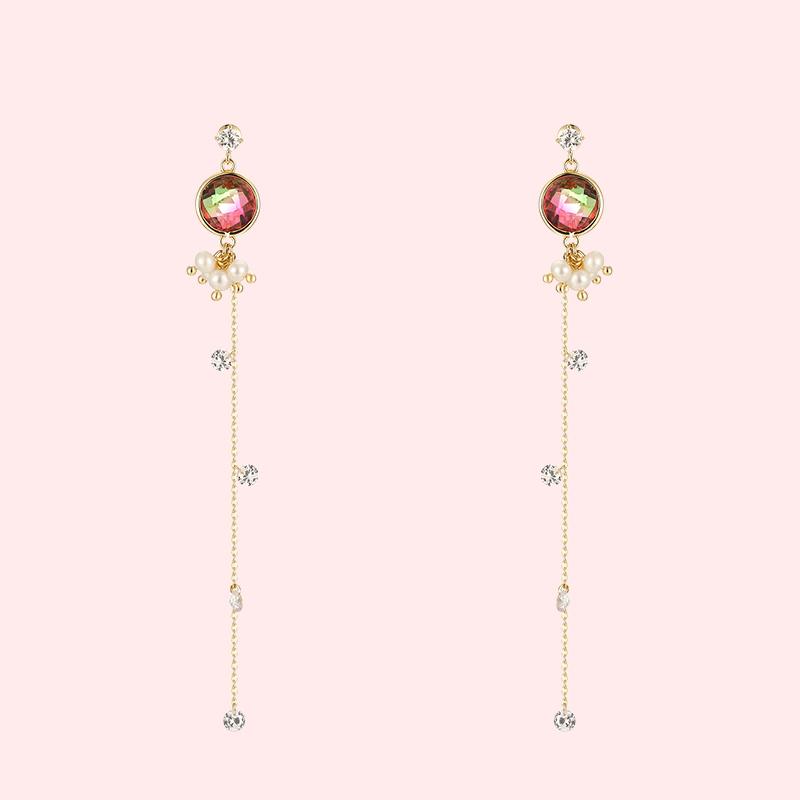 Long artificial tourmaline, natural pearl, tassel, earring, no pain, no hole, adjustable ear clip - dianjiang-